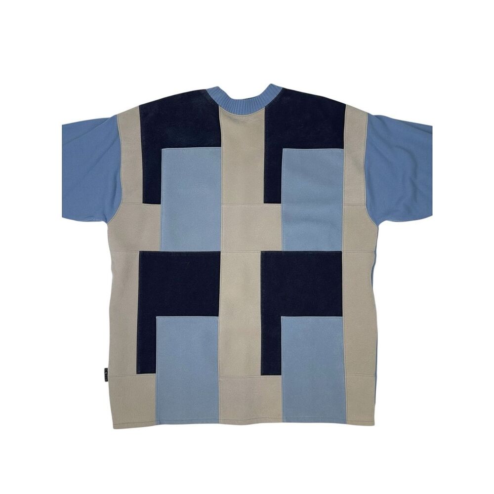 Koman Sport Sweater Mens L Blue Faux Suede Leather Patchwork Short Sleeve Knit